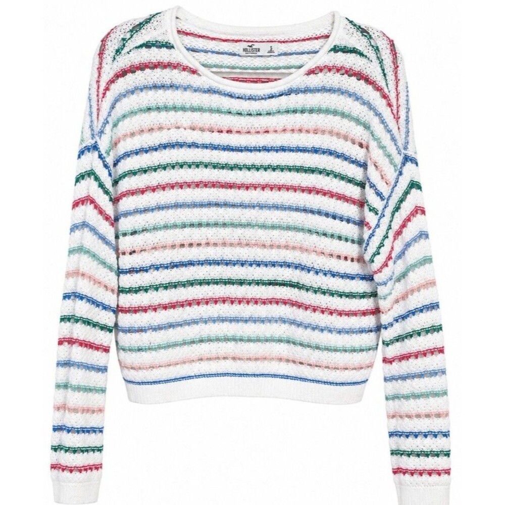 Hollister Women’s Small Easy Crochet Crew Sweater Open Knit Multicolor Stripe